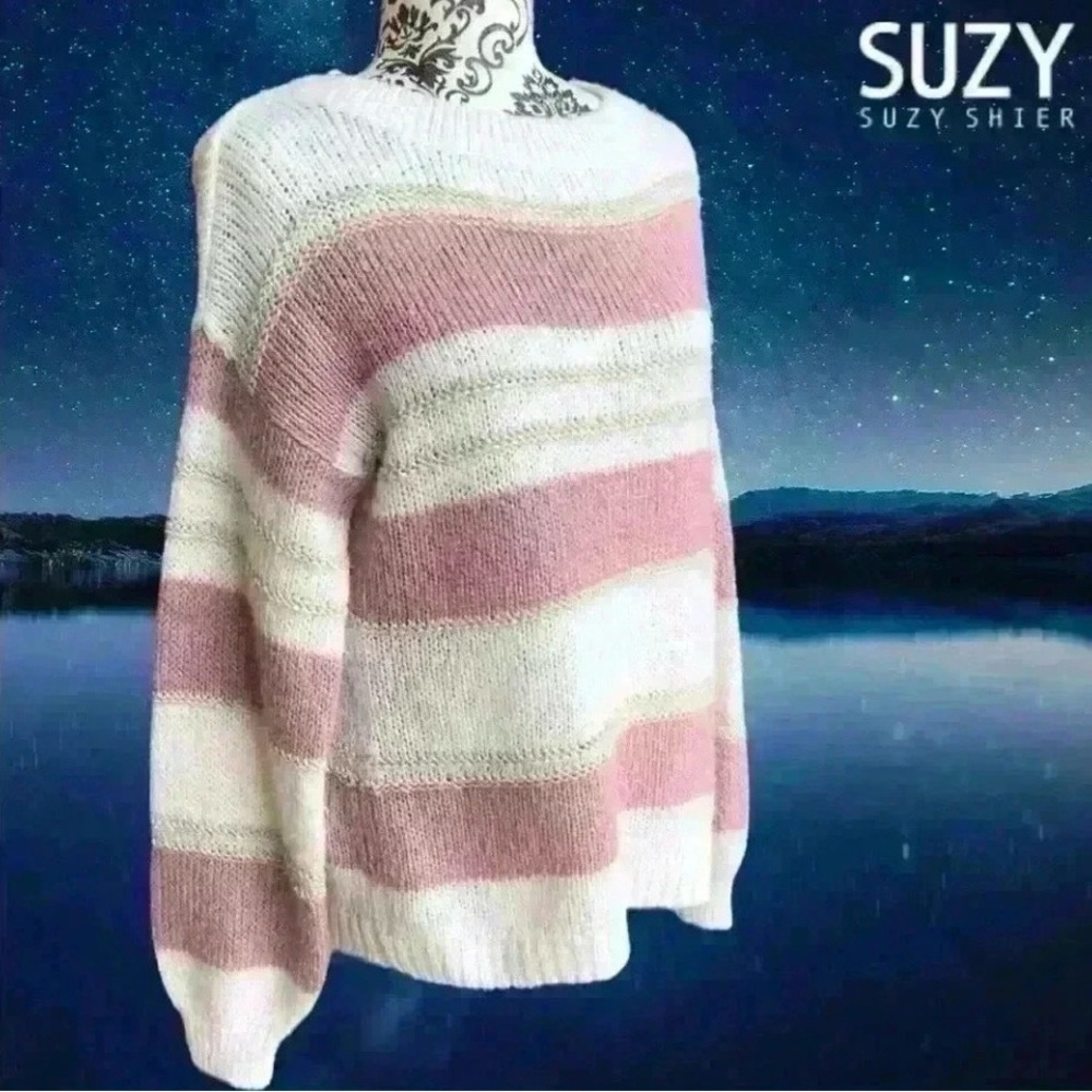 Suzy Shier Pink and White Striped Crew Neck Sweater - Picture 2 of 9